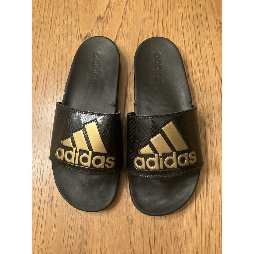 adidas Women’s Black Slide Slip-On Sandals Gold Logo US 9